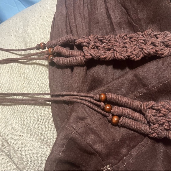 NEW. Reba Size 8 Brown Crinkle Look Ramie Loose Fit Pants With Macrame Belt - Picture 15 of 16
